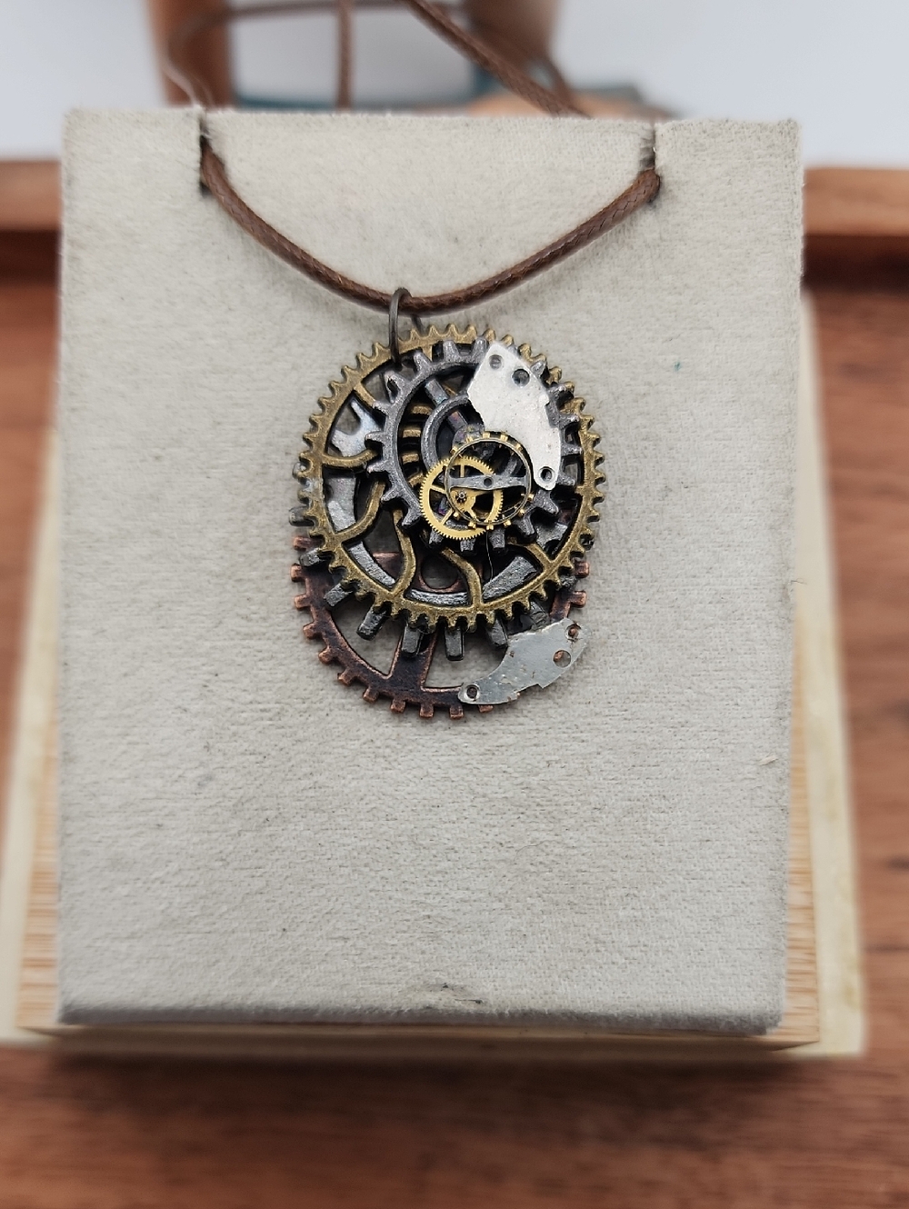 Vintage Multi-Tone Gear Pendant Necklace - Brown Cord
